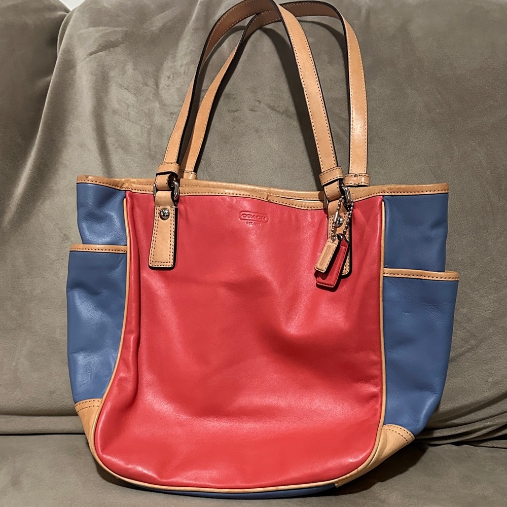 Coach Red and Blue Leather Tote with Tan Accents